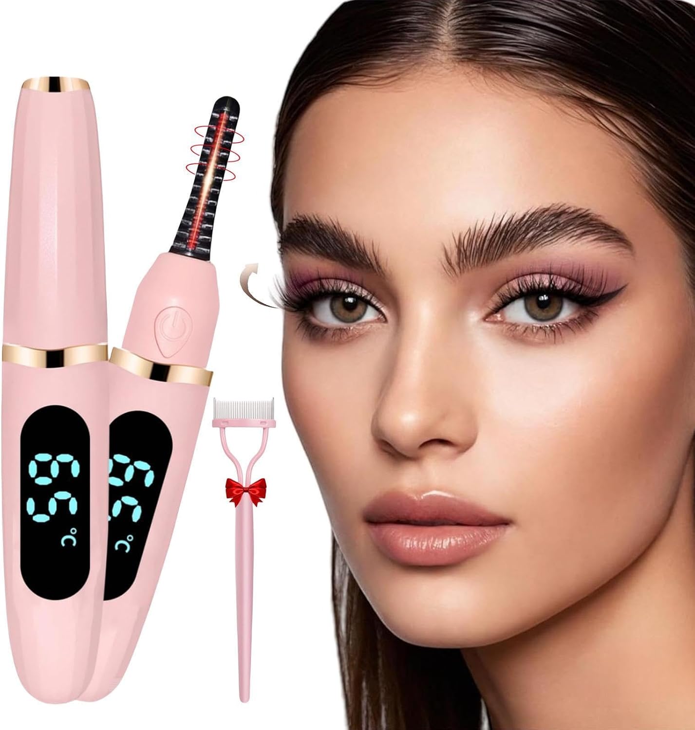 Heated Eyelash Curler, Heated Lash Curler Electric Eyelash Curler with Comb 3 Temp Settings for Makeup Tools for Achieving A Natural Curl and Long Lasting Eyelashes, Designed for Women, Pink-1