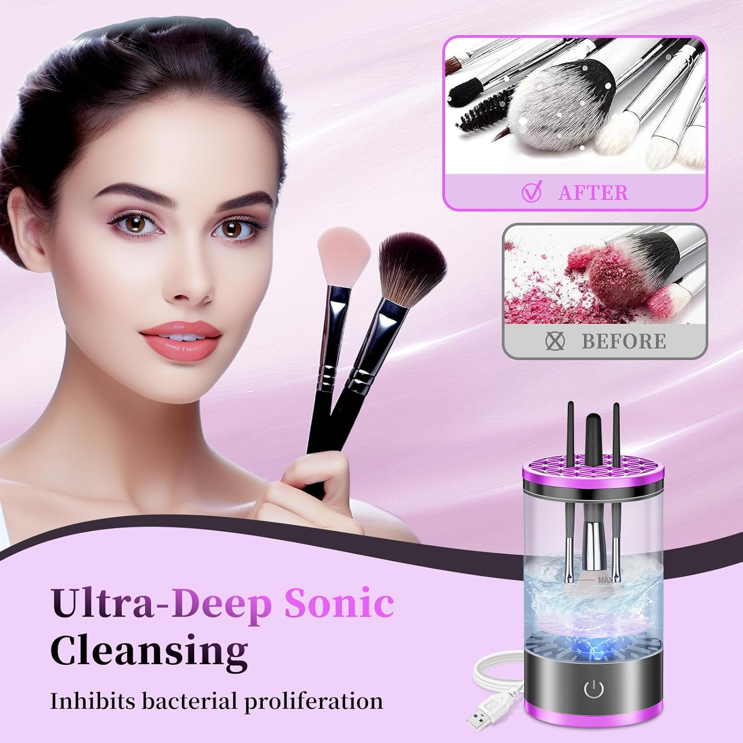 Electric Makeup Brush Cleaner Machine for Deep Cleaning All Brush Types, Portable Design - Purple - Image 3