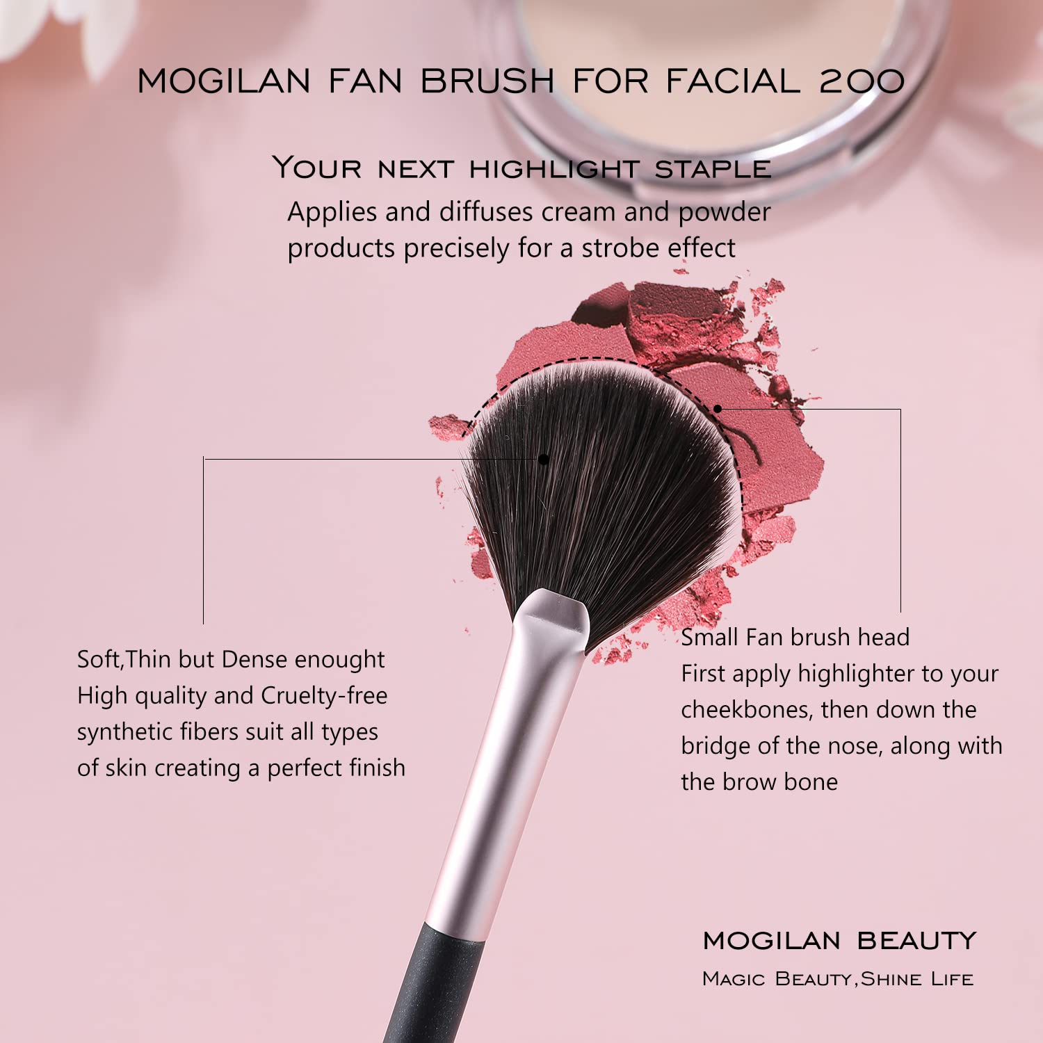 Soft Vegan Synthetic Fan Makeup Brush for Face and Eyes Professional Blush Application - Image 3