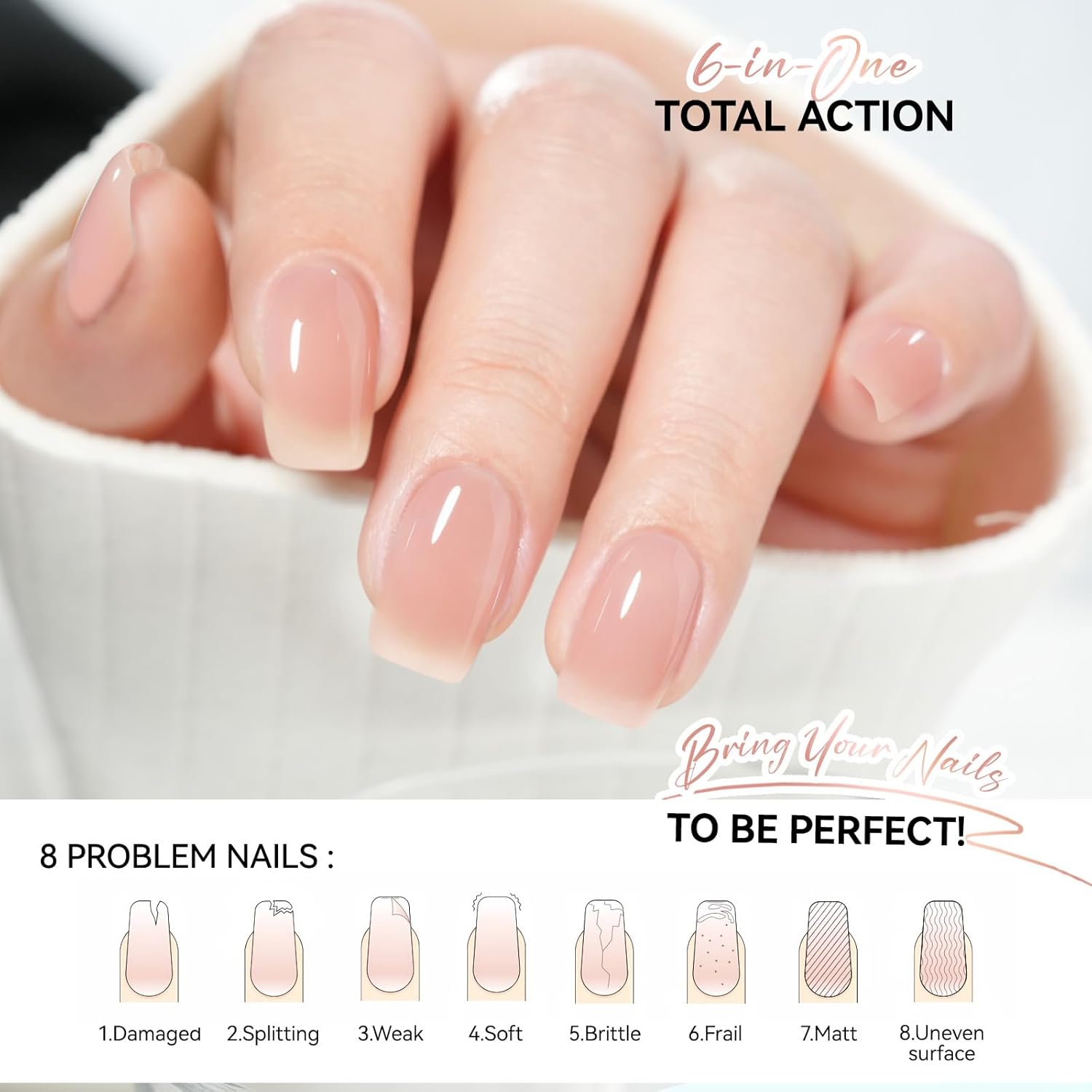 Gelike EC Protein Nail Strengthener and Growth Polish 15ml - Nude Blush 6 in 1 Hardener for Weak Nails - Image 3