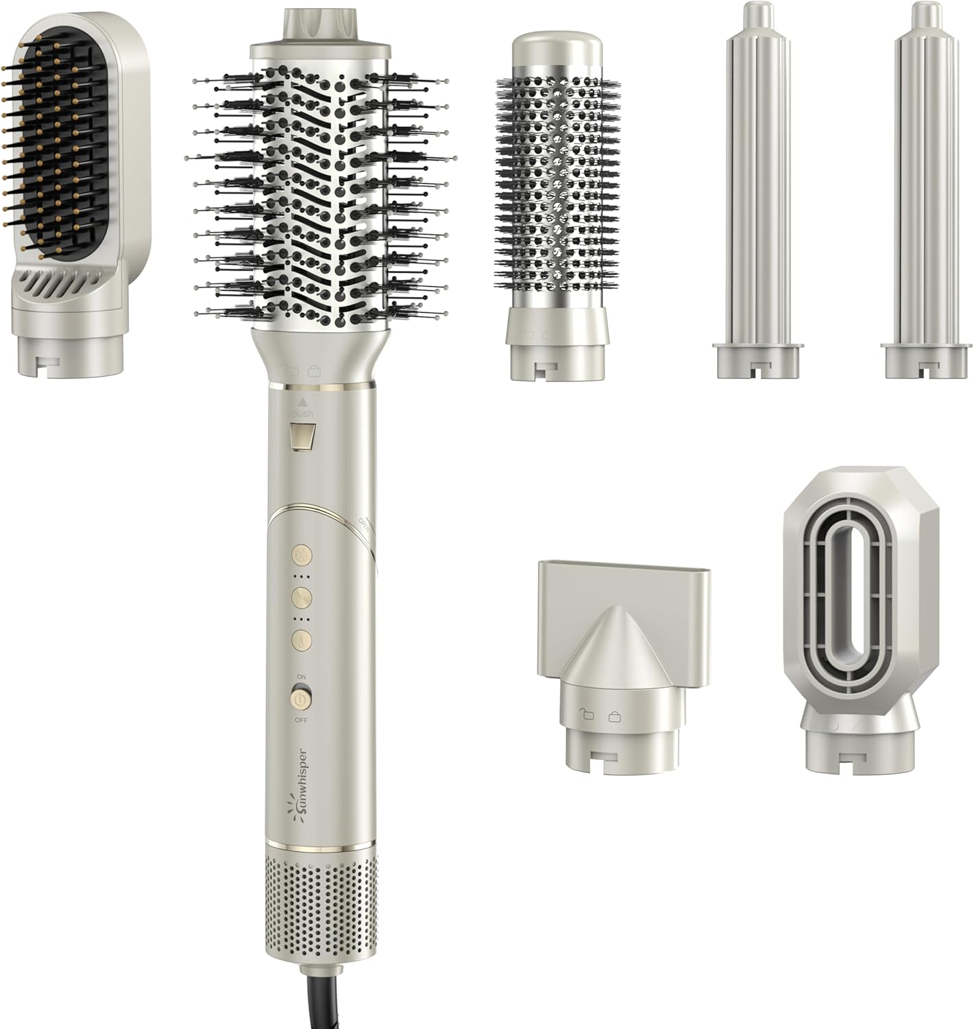 Hair Dryer Brush 7 in 1 Professional Hot Air Styler, 110,000 RPM High Speed Negative Ionic Dryer, Straightener Comb & 2 Auto Wrap Curlers, 2 Concentrator, Oval & Round Styling Brush