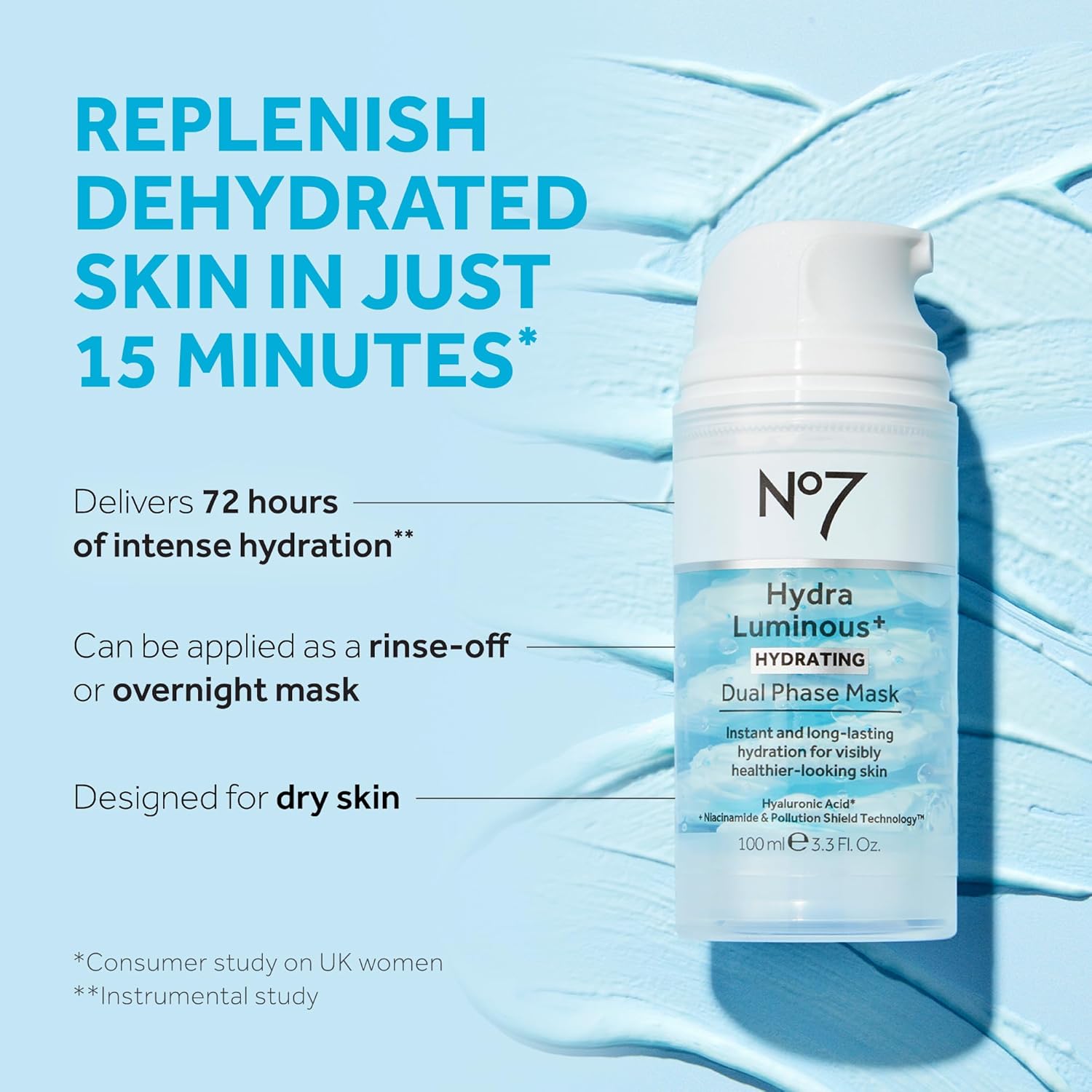 No7 HydraLuminous+ Dual Phase Face Mask Hyaluronic Acid Vitamin B3 3.5 Fl Oz - Image 2