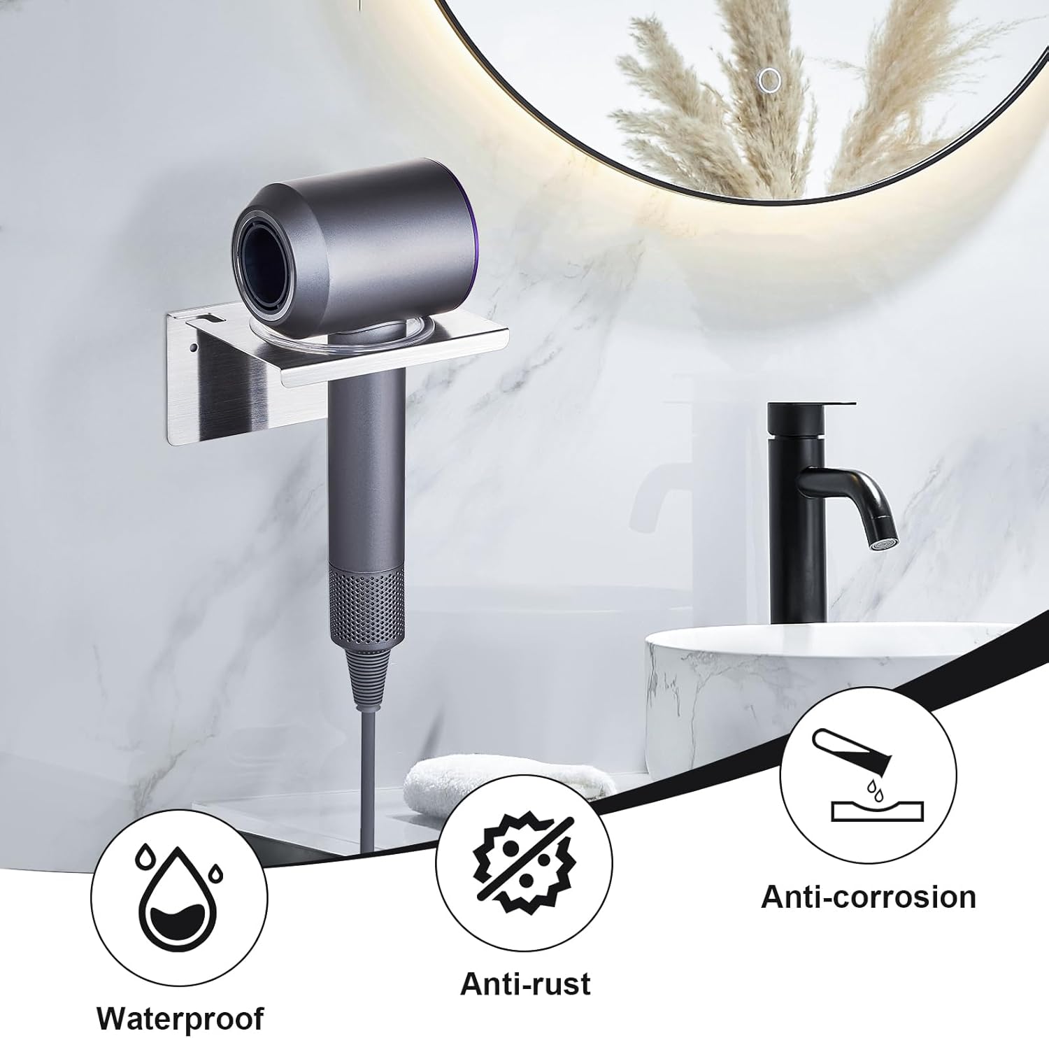 Stainless Steel Wall Mount Adhesive Hair Dryer Holder Organizer for Bathroom & Barber Shops - Image 2