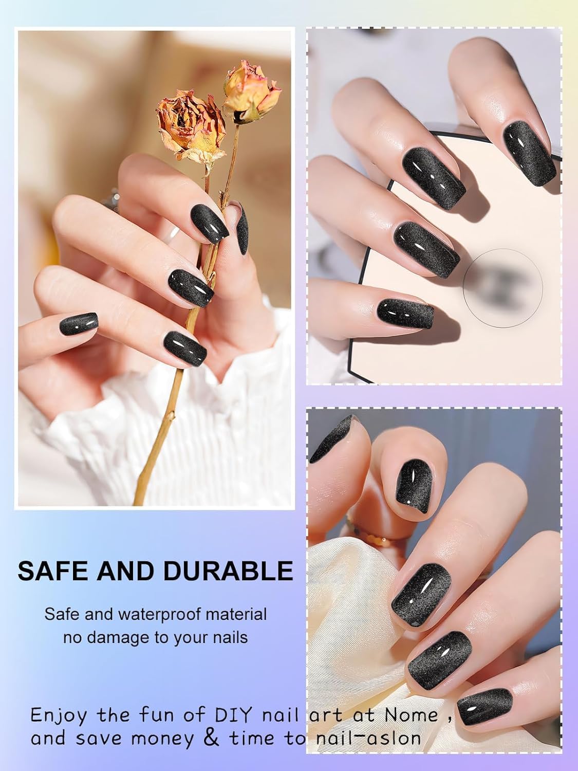 Kalolary Cat Eye Black Gel Nail Wraps Full Art Polish Sticker Long-Lasting - Image 6