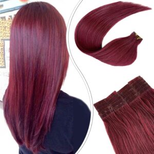 Remy Human Hair Extensions Tape in Burgundy - 16 Inch Natural Double Sided Tape on Real Hair - 20pcs 30G