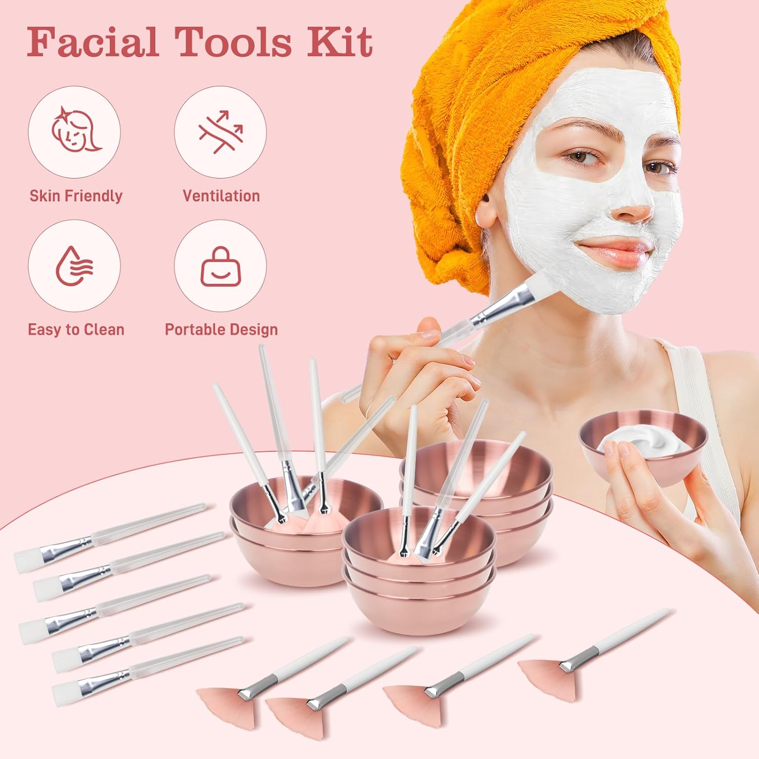 24Pcs Esthetician Supplies Set for Facials with Face Mask Brushes and Rose Gold Bowls - Image 3