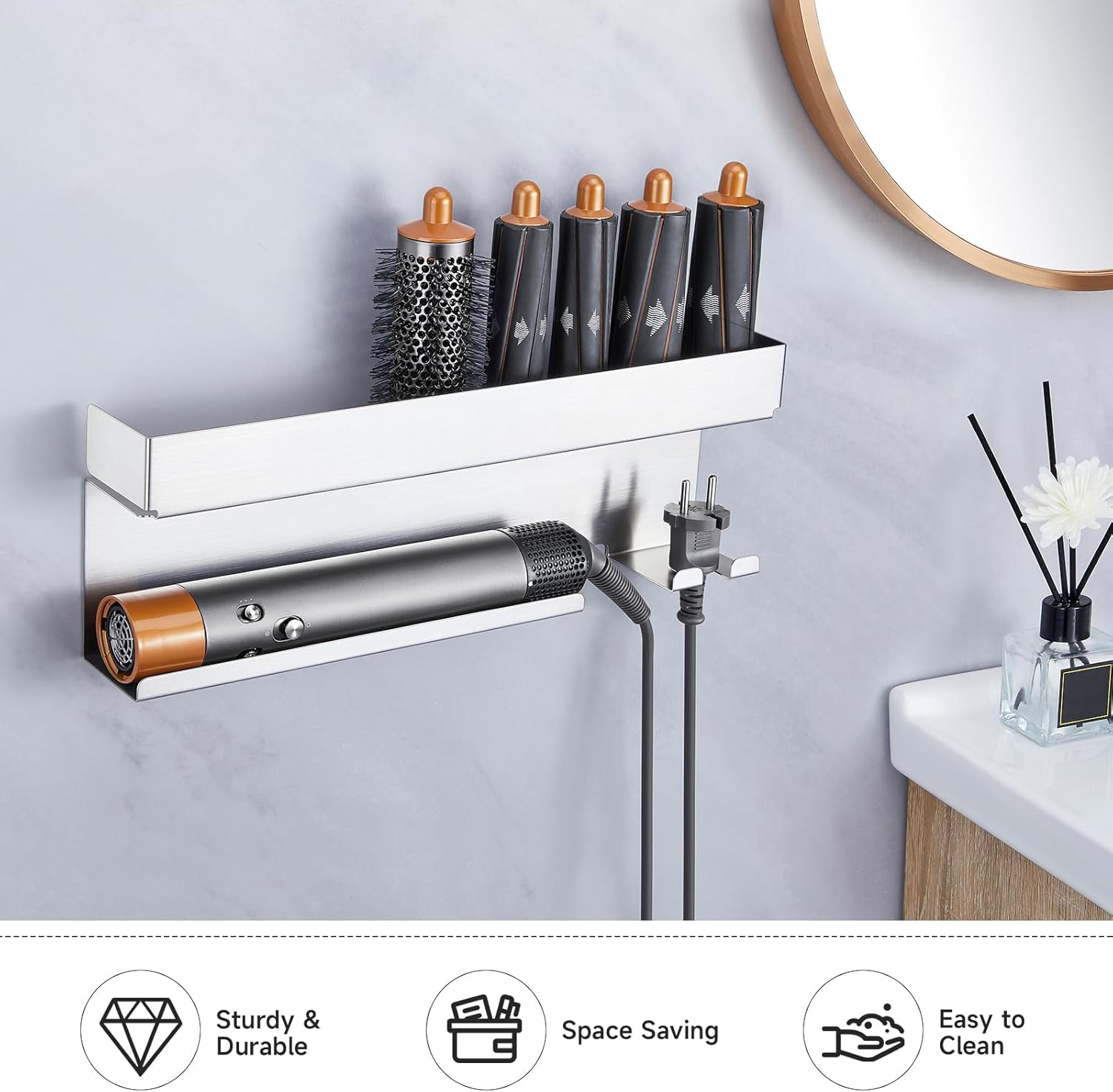 Storage Hair Dryer Holder for Curling Iron Wands Accessories, Hair Straightener Holder, Wall Mount Hair Tool Organizer for Styler Attachments,Stainless Steel Curling Iron Holder Organizer for Bathroom - Image 6