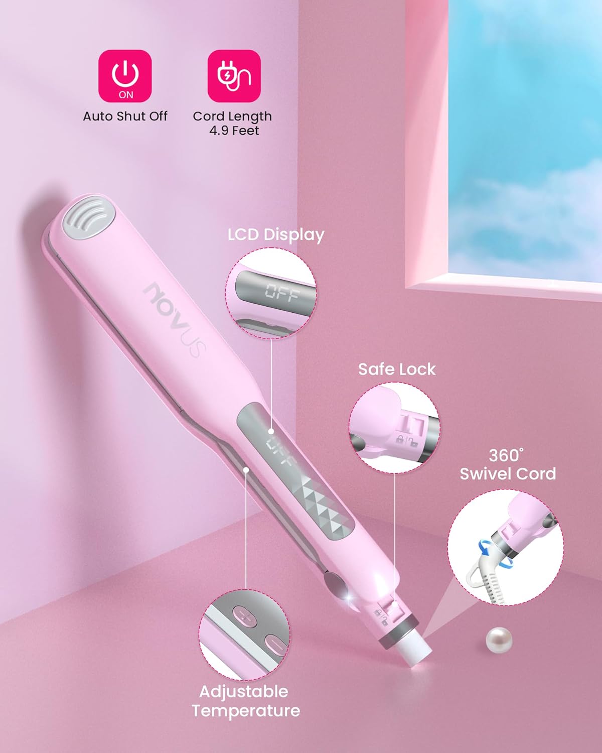 NOVUS 1.4 Inch Ceramic Floating Plate Flat Iron Hair Straightener with Adjustable Temperature - Image 7