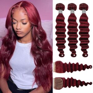 Loose Deep Wave Human Hair 3 Bundles with 4x4 hd Lace Closure-18,20,22+18inch 10A Brazilian Loose Deep Wave Bundles Human Hair, 99j Burgundy/Wine Red Color Sew in Quick Weave Hair Extension