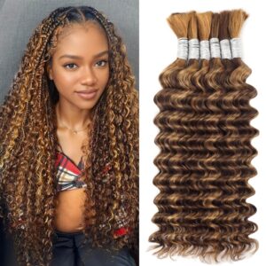 Ombre Braiding Hair Deep Wave Bulk Human Hair 16 Inch 6 Bundles/Pack 150g Curly Human Hair for Boho Braids Hair Extensions Knotless 12A Brazilian Virgin No Weft Ombre Balayage 4/27
