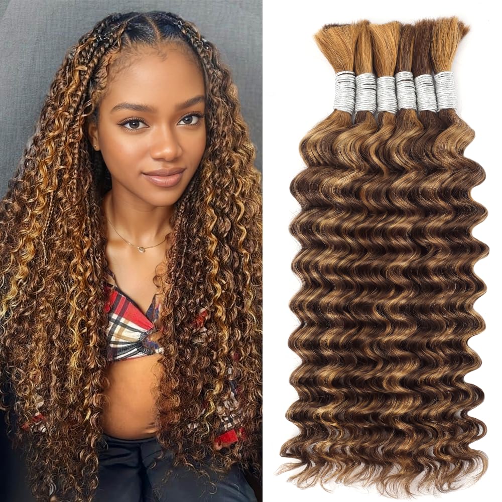 Ombre Braiding Hair Deep Wave Bulk Human Hair 16 Inch 6 Bundles/Pack 150g Curly Human Hair for Boho Braids Hair Extensions Knotless 12A Brazilian Virgin No Weft Ombre Balayage 4/27