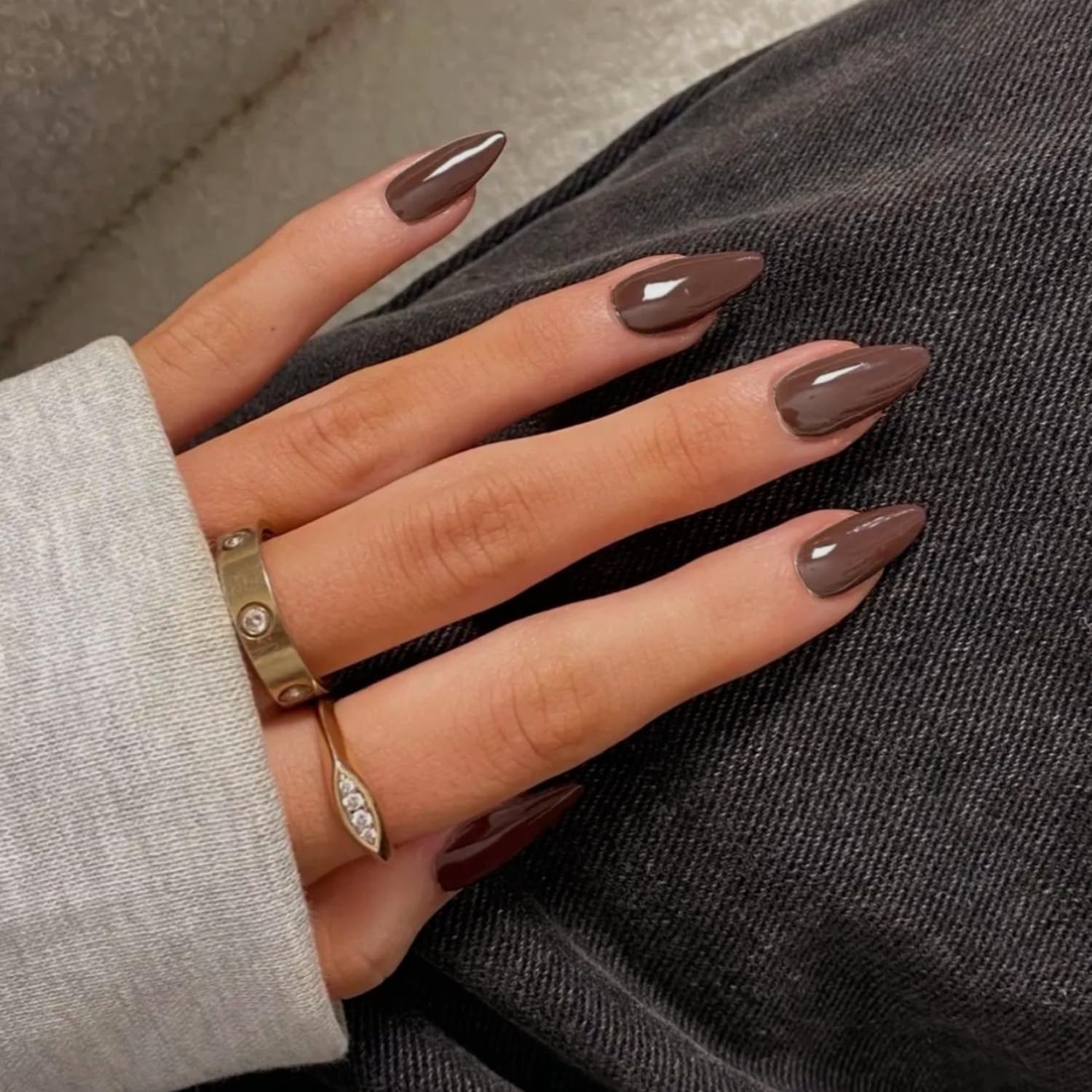 Brown Press on Nails Almond Shaped Nails Press ons, Medium Fake Nails Almond Acrylic Nails Glue on Nail Medium Length False Nail for Women Thick Natural Gel Stiletto 24Pcs