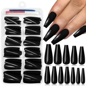 120PC Black Coffin Press on Nails Long Fake Nails Press ons with Glue Nail Adhesive Tabs, 12 Sizes Long Acrylic Nails Press on Nails Coffin Black Stick Nails Tips Artificial Fingernails