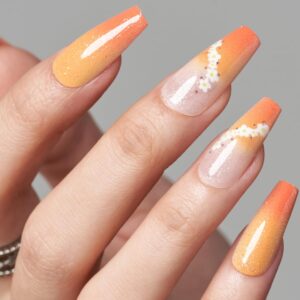 GLAMERMAID Press on Nails Coffin Long,Ombre Orange Medium Length False Nails with Adhesive Tabs,24 Pcs Glue on Nails for Women,UV Glossy Reusable Acrylic Stick on Nails Tips for Girls Gift
