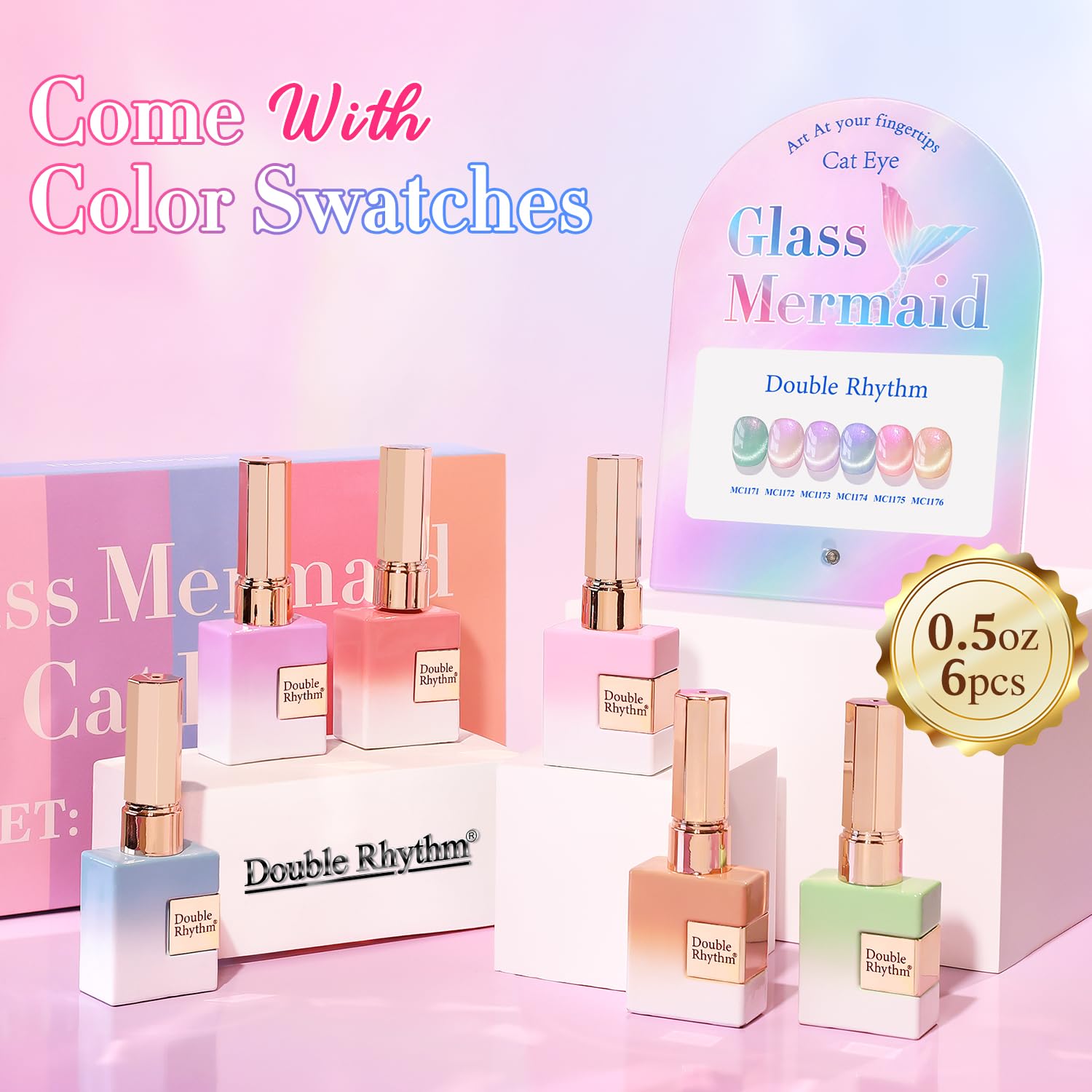 Double Rhythm 6-Piece Holographic Glitter Gel Nail Polish Set 0.5 Oz Mermaid Pink Rose - Image 2
