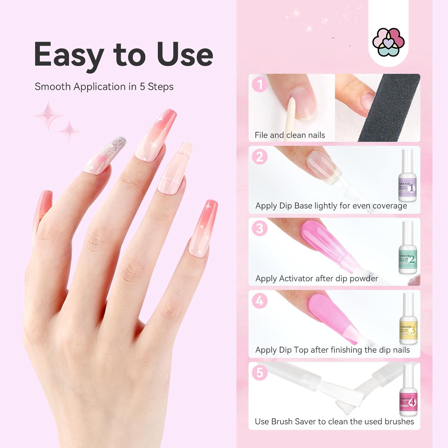 SAVILAND 4 Pcs 15ml Nail Dip Liquid Set Base Activator Top Coat Brush Saver - Image 6