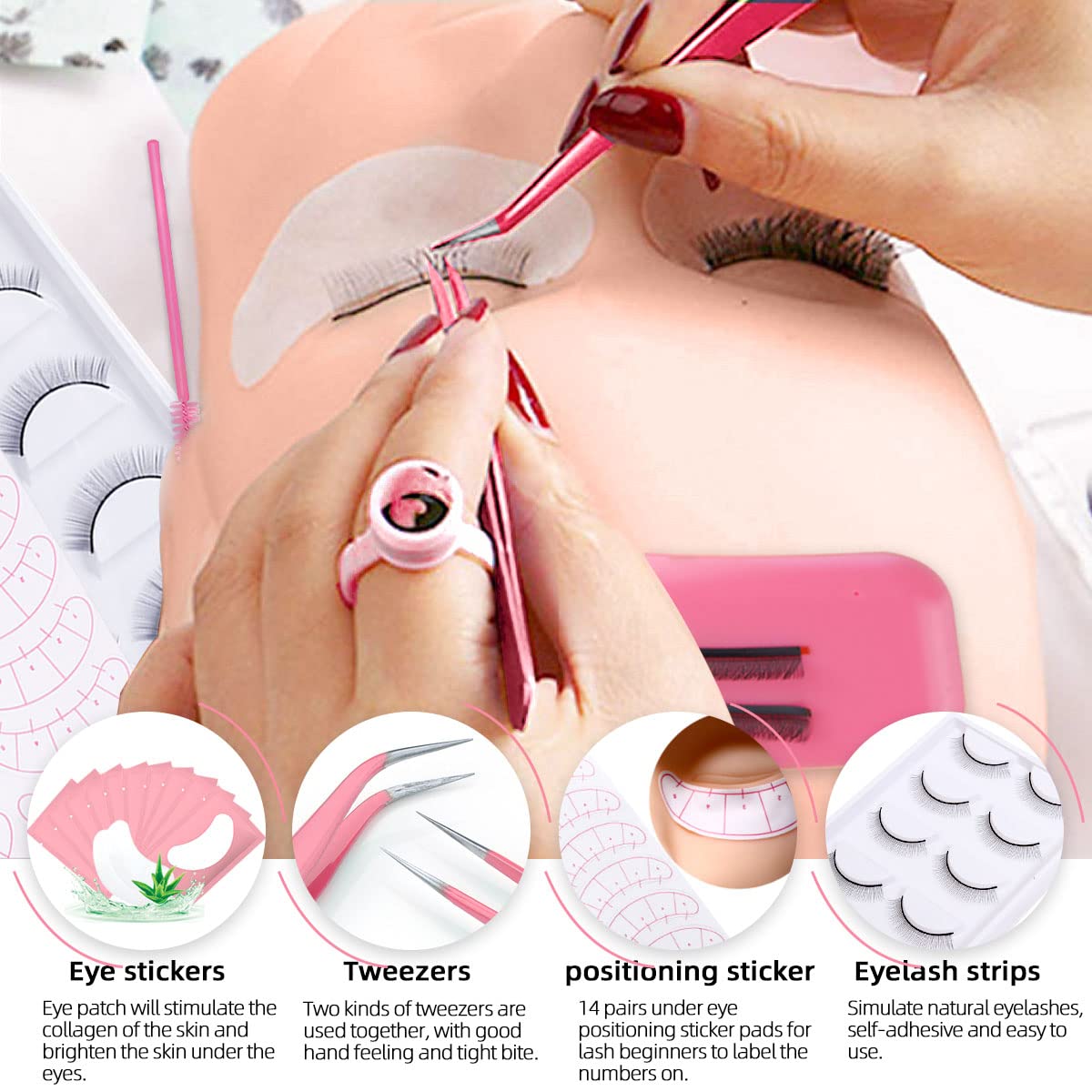 Beginner Lash Extension Kit 35pc with Mannequin Head, USB Fan, Shampoo, Practice Strips - Image 3