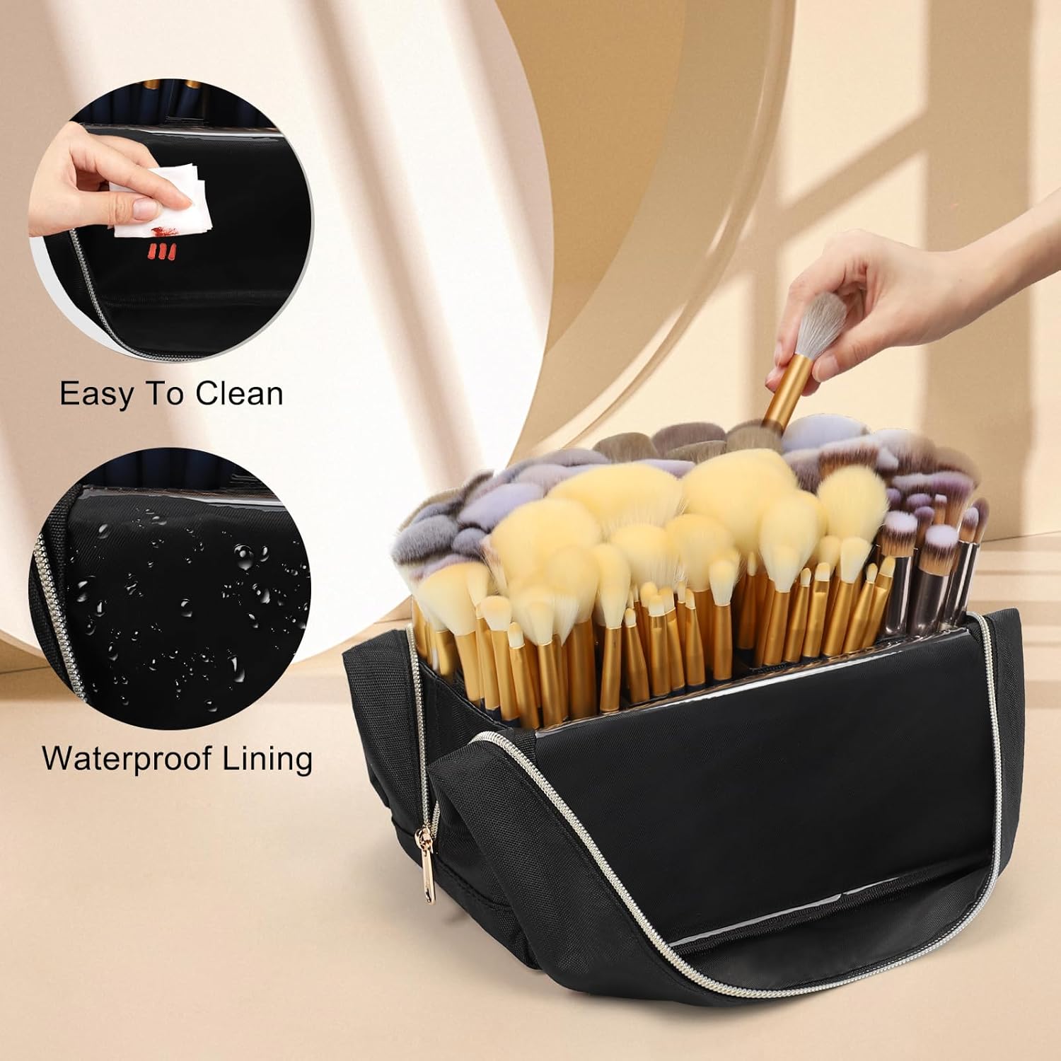 Portable Travel Makeup Brush Bag, Large Capacity with Detachable Dividers - Image 4