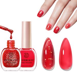 AZUREBEAUTY Red Jelly Nail Polish No Gel Quick Dry Gold Foil Glitter 2 Colors Nail Lacquer Natural Fingernail Kit DIY Salon Home Women Gifts 0.34oz