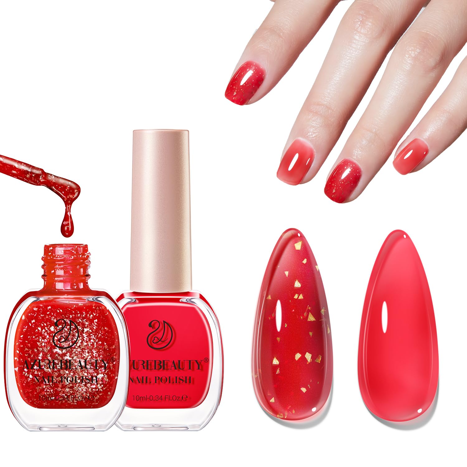 AZUREBEAUTY Red Jelly Nail Polish No Gel Quick Dry Gold Foil Glitter 2 Colors Nail Lacquer Natural Fingernail Kit DIY Salon Home Women Gifts 0.34oz