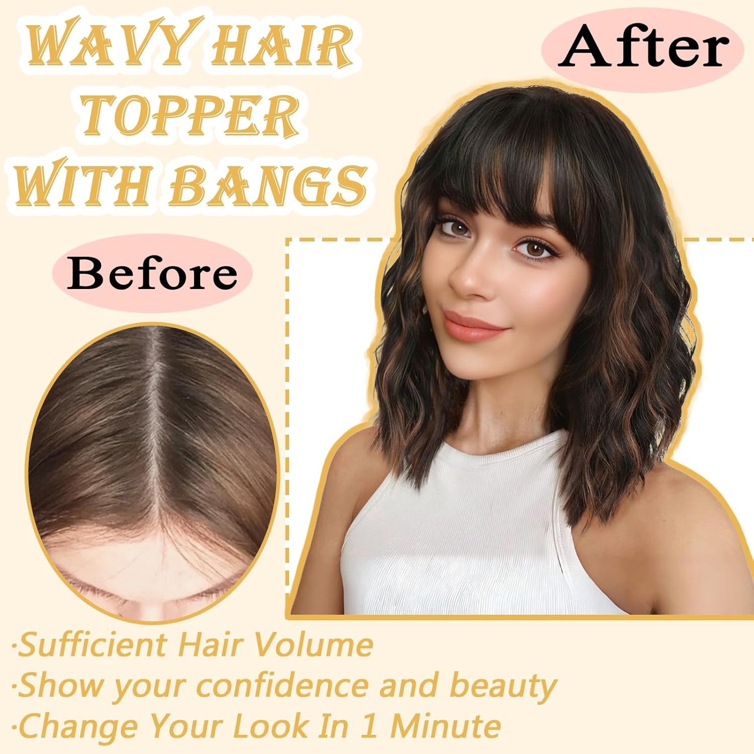 Dark Brown Mixed Chestnut 360° Curly Wavy Synthetic Hair Topper with Bangs for Thinning Hair - Image 5