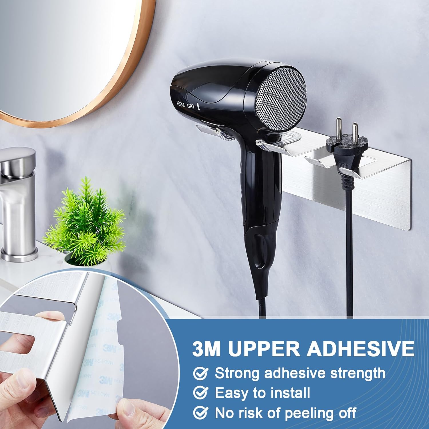 SUS 304 Stainless Steel Wall Mount Hair Dryer Holder with Self Adhesive Plug Hooks for Bathroom - Image 6