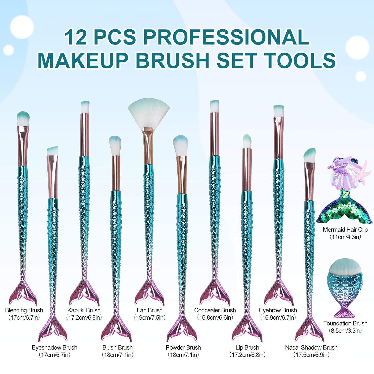 12 Piece Mermaid Makeup Brush Set with Hair Clip for Kids Girls - Image 4