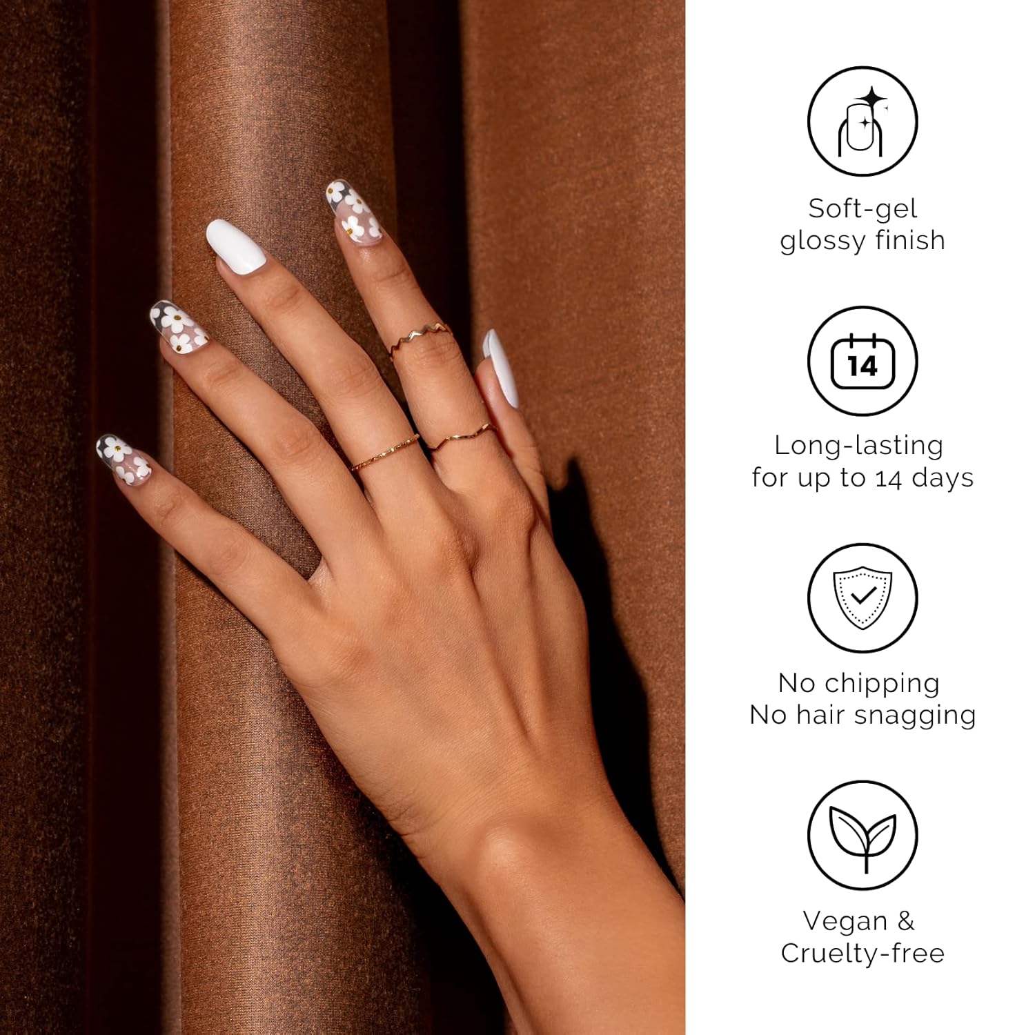 Nailog 34 Piece Semi-Cured Gel Nail Strips, Long-Lasting Glossy White Petals Design - Image 4