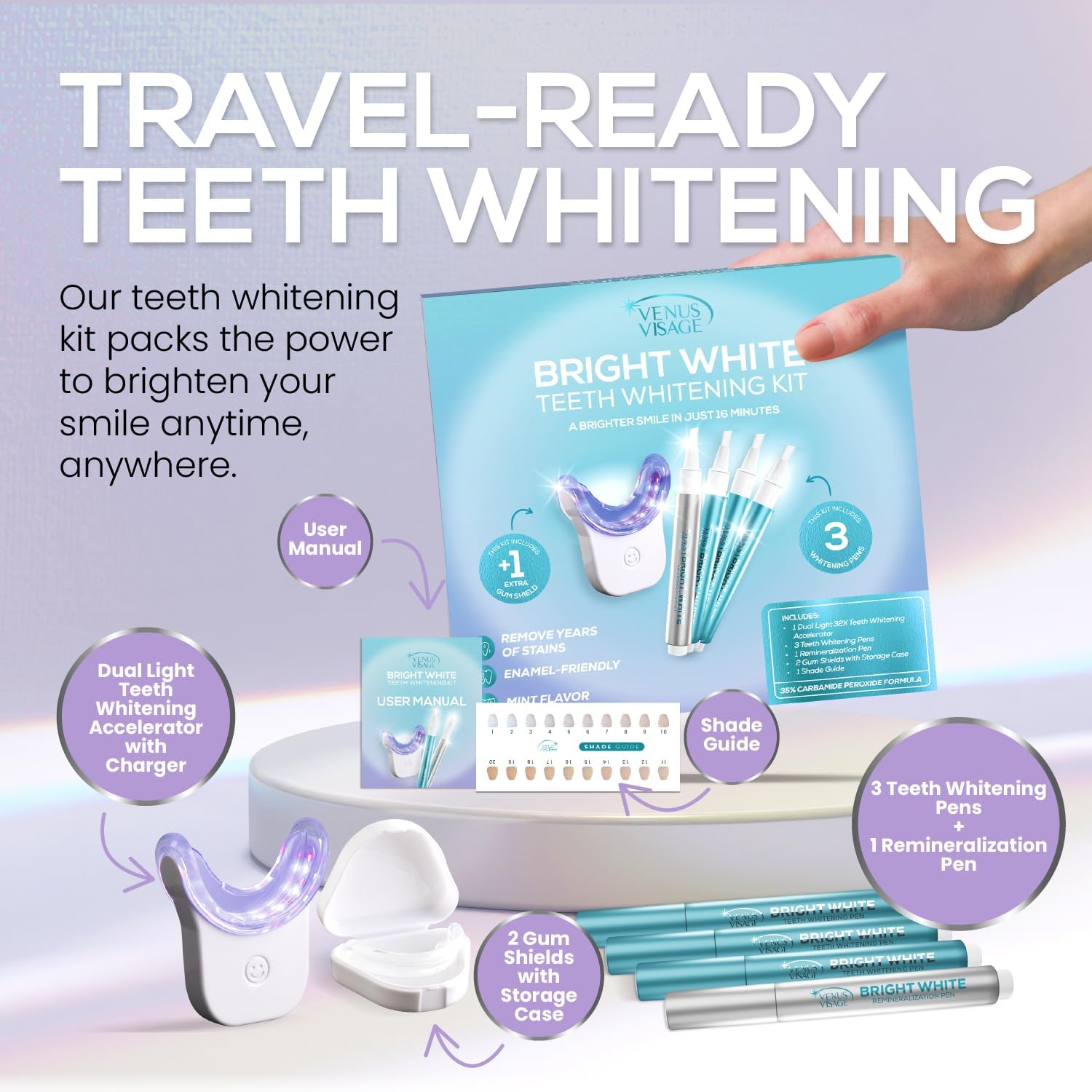 Venus Visage Teeth Whitening Kit with LED Light, 3 Gel Pens, Trays, Remineralization Pens, 16 Minute Treatment, Non-Sensitive Formula - Image 2