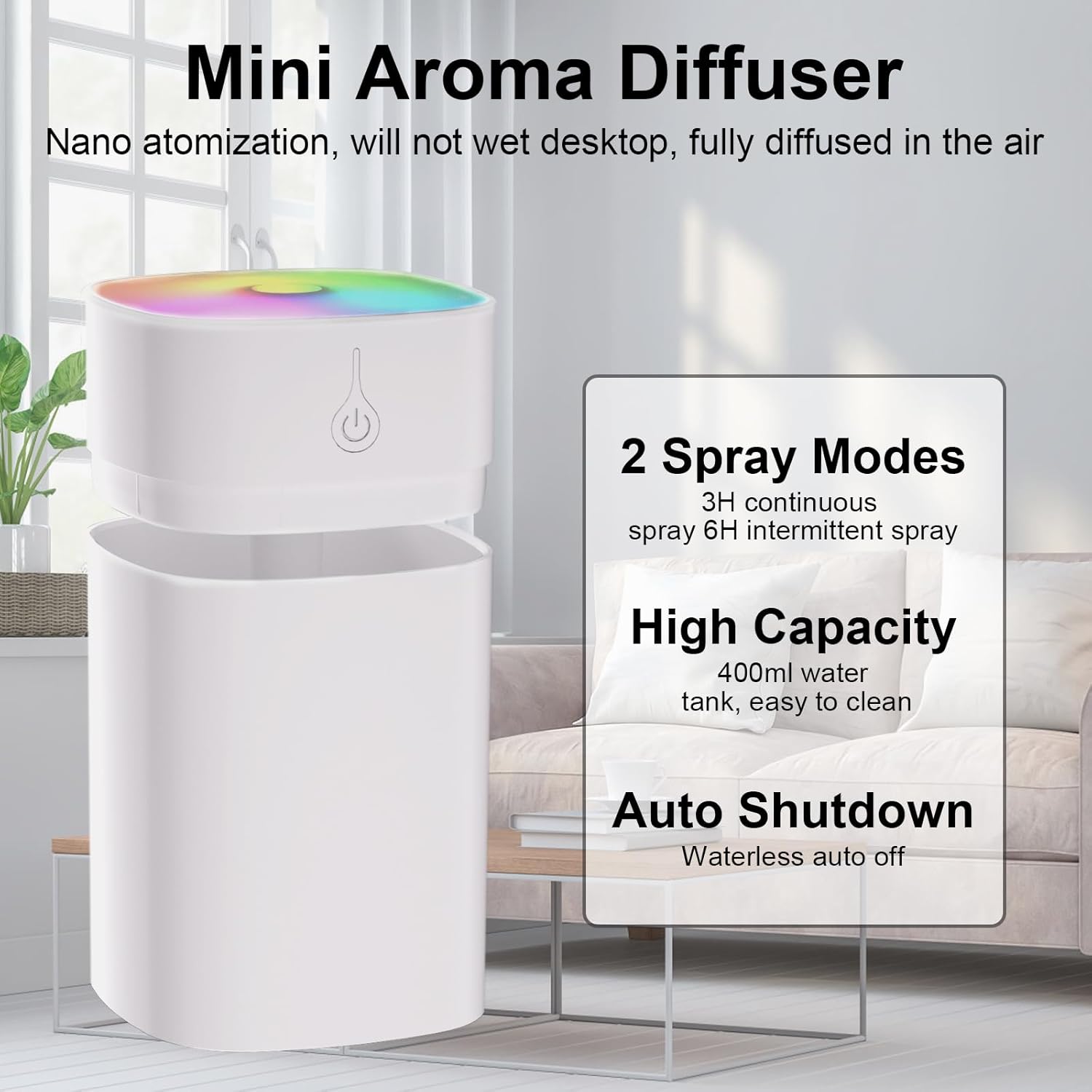 Compact 400ml Essential Oil Diffuser for Home, Whisper Quiet Aromatherapy Humidifier with Ambient Color Light - Image 5