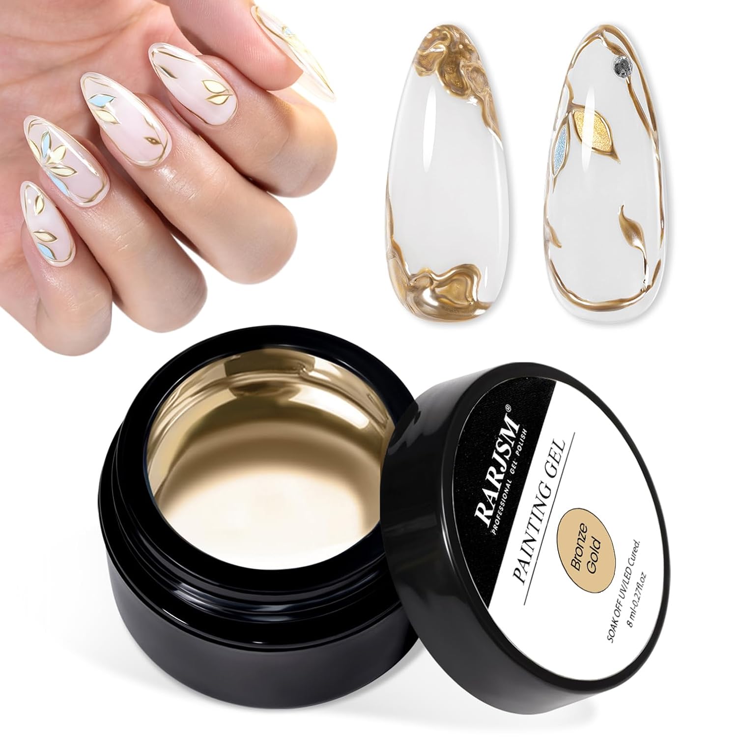 RARJSM Metallic Painting Gel Nail Polish Bronze Gold Chrome 3D Metal Painted Drawing Gel Polish 8ml Reflective Mirror Effect Glossy Shine Soak Off Curing Need Home Salon DIY Nail Art Liner Design