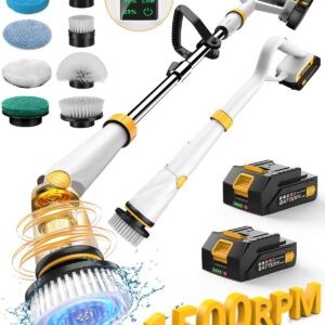 Qimedo Electric Spin Scrubber with Two Batteries Q2 Pro,1500 RPM High Power Electric Scrubber for Cleaning,Shower Cordless Cleaning Brush with Display for Tub/Tile/Floor (Effortless Handle/8 Brushes)
