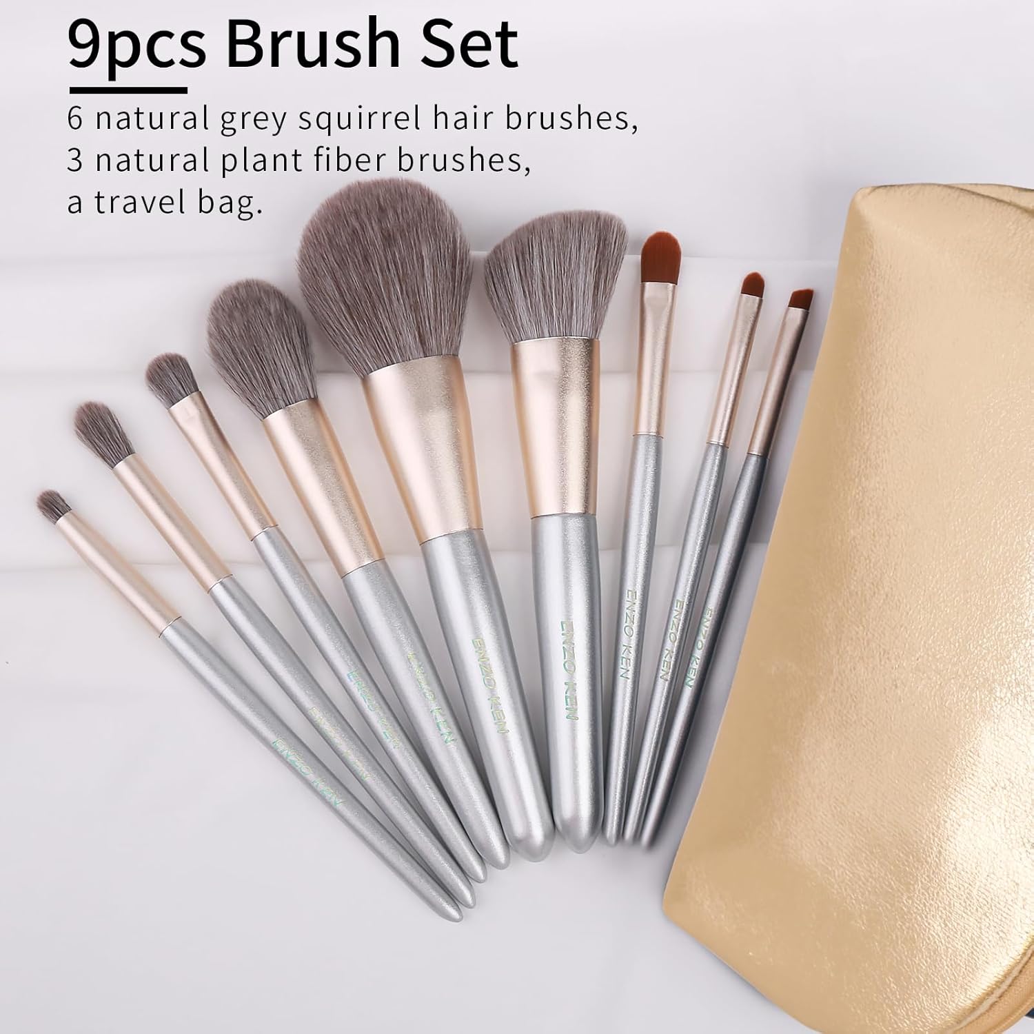 Natural Grey Squirrel Hair Makeup Brush Set with Case, 12 Piece Professional Cosmetic Brushes - Image 6