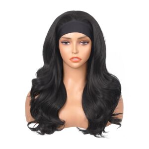 Wavy Headband Wig Synthetic Body Wave Headband Wigs for Black Women Glueless Half Wig Soft & Natural as Human Hair (Natural Black, 20 Inch)