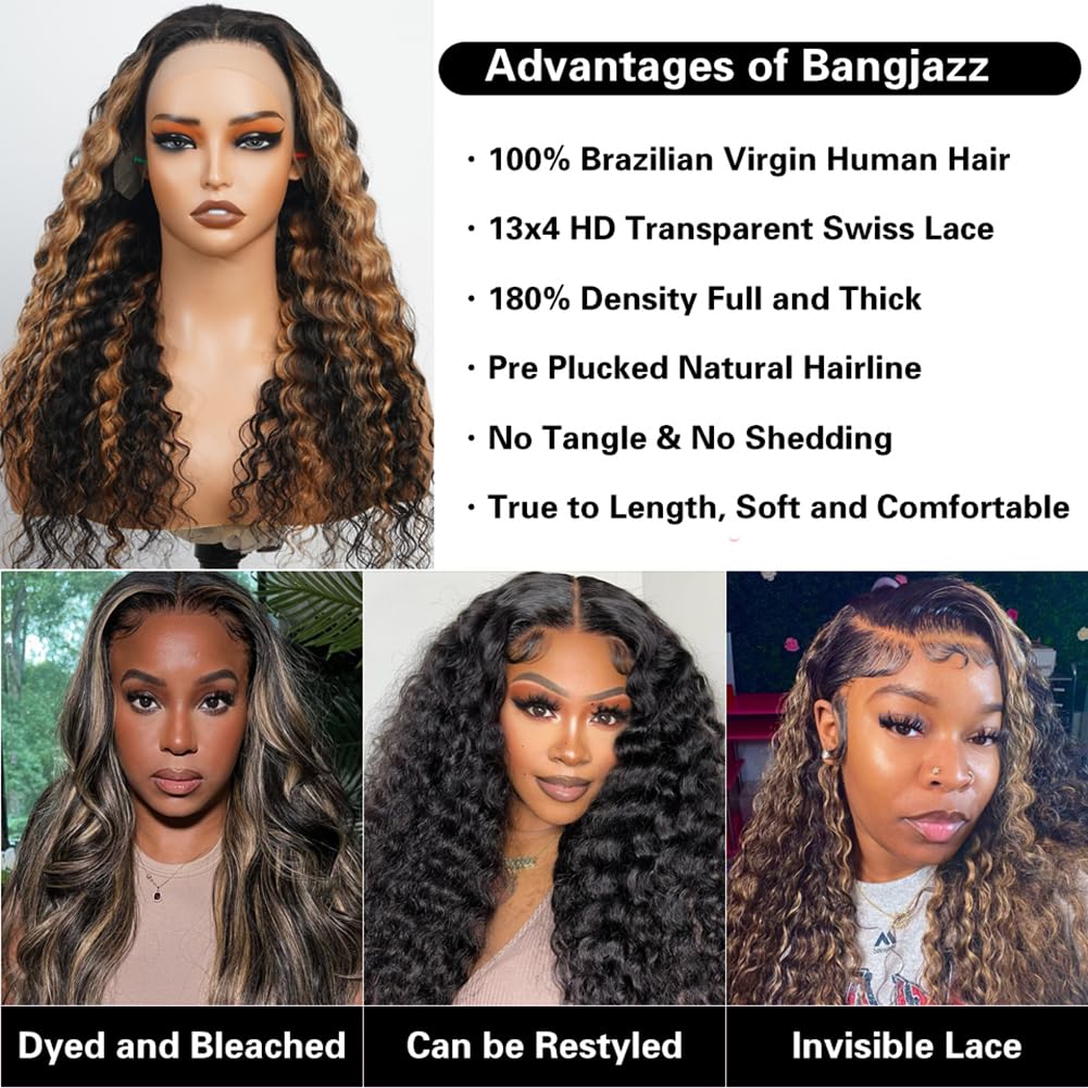 Bangjazz 26 Inch Deep Wave Human Hair Lace Front Wig 180% Density Ombre Balayage - Image 3