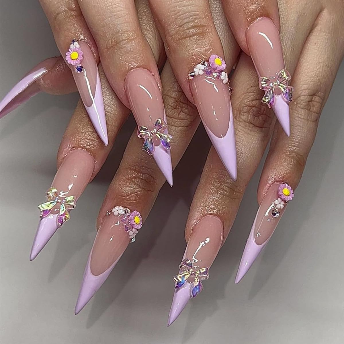 Long Press Almond Purple French Tip False Nails with 3D Flower Bow Design Stick on Stiletto Acrylic Glossy Full Cover Glue on Nails for Women Manicure 24Pcs
