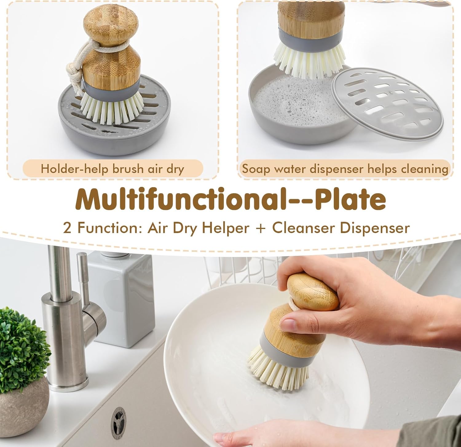 Bamboo Dish Palm Brush Set with Holder - 2 Pack Wooden Scrub Brushes for Kitchen Cleaning - Image 3