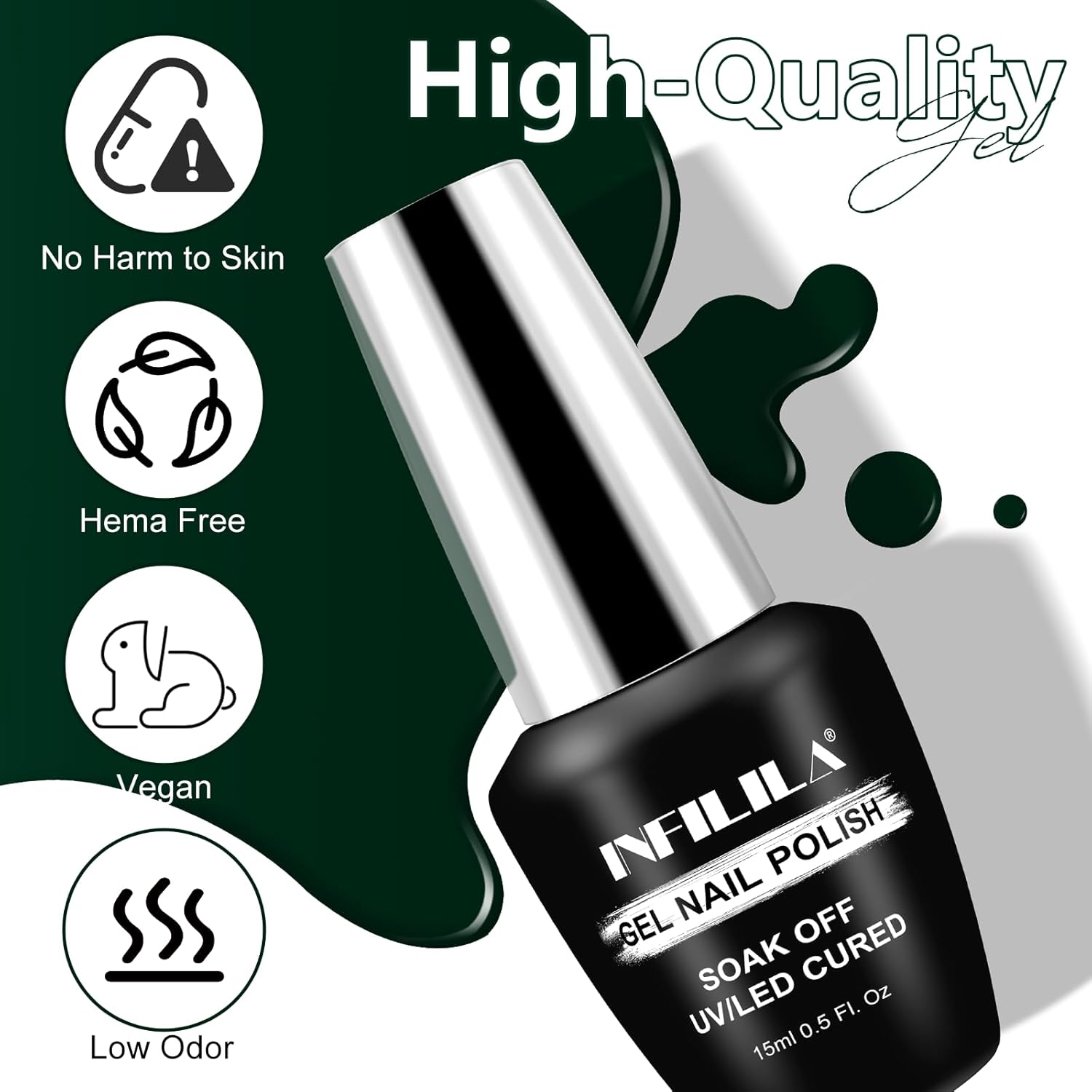 NXJ INFILILA Dark Green Hema Free Gel Nail Polish 15ml Soak Off for DIY Manicure - Image 5