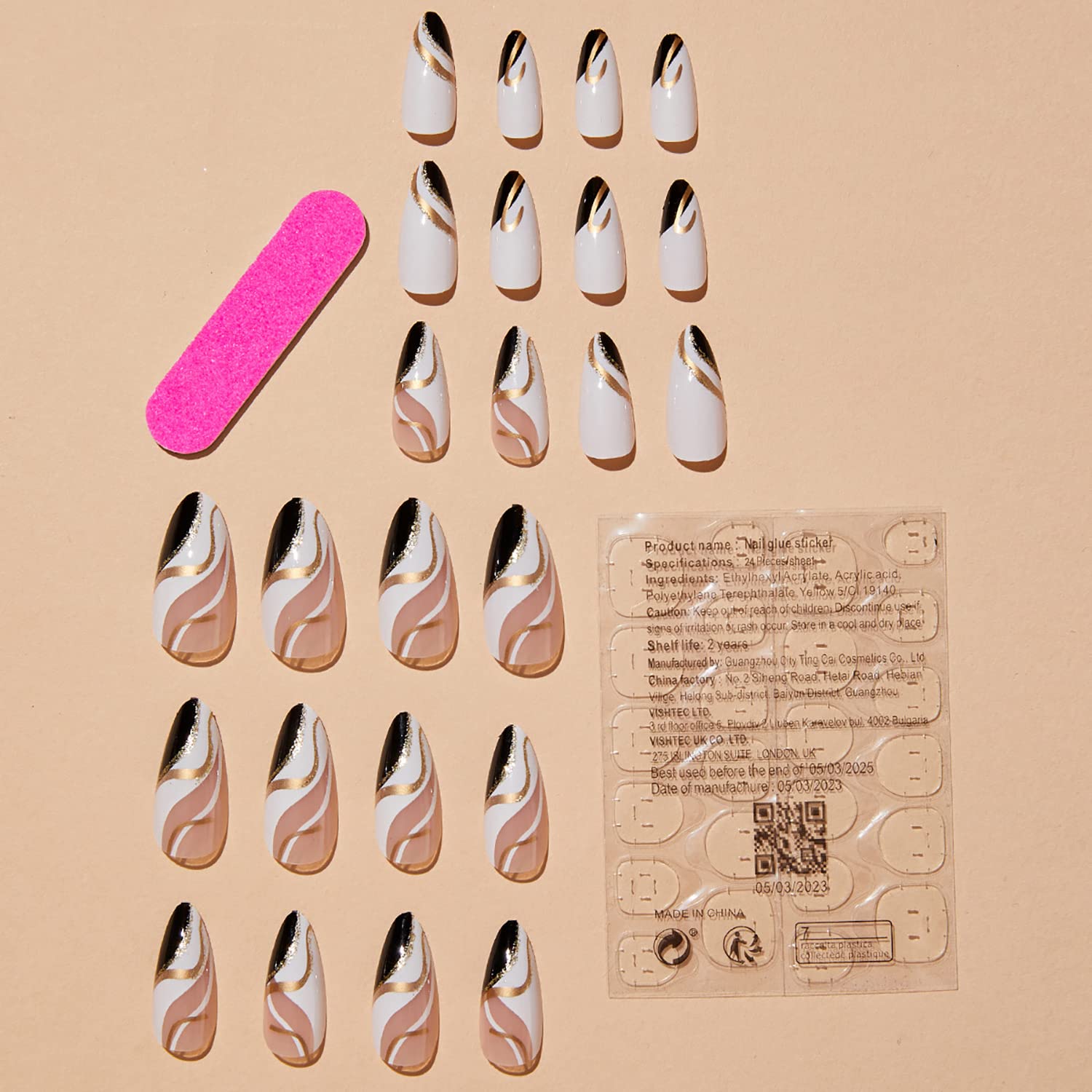 24 Piece Short Almond Press On Nails Black White Ripple Gold Foil - Image 3
