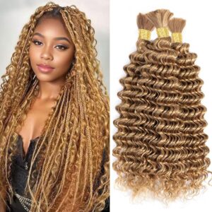Human Braiding Hair for Boho Knotless Braids Honey Blonde Deep Wave Bulk Human Hair for Braiding Hair Wet and Wavy Brazilian Virgin Human Bohemian Hair for Braiding 2 Bundles 160g (27# 24 Inch)