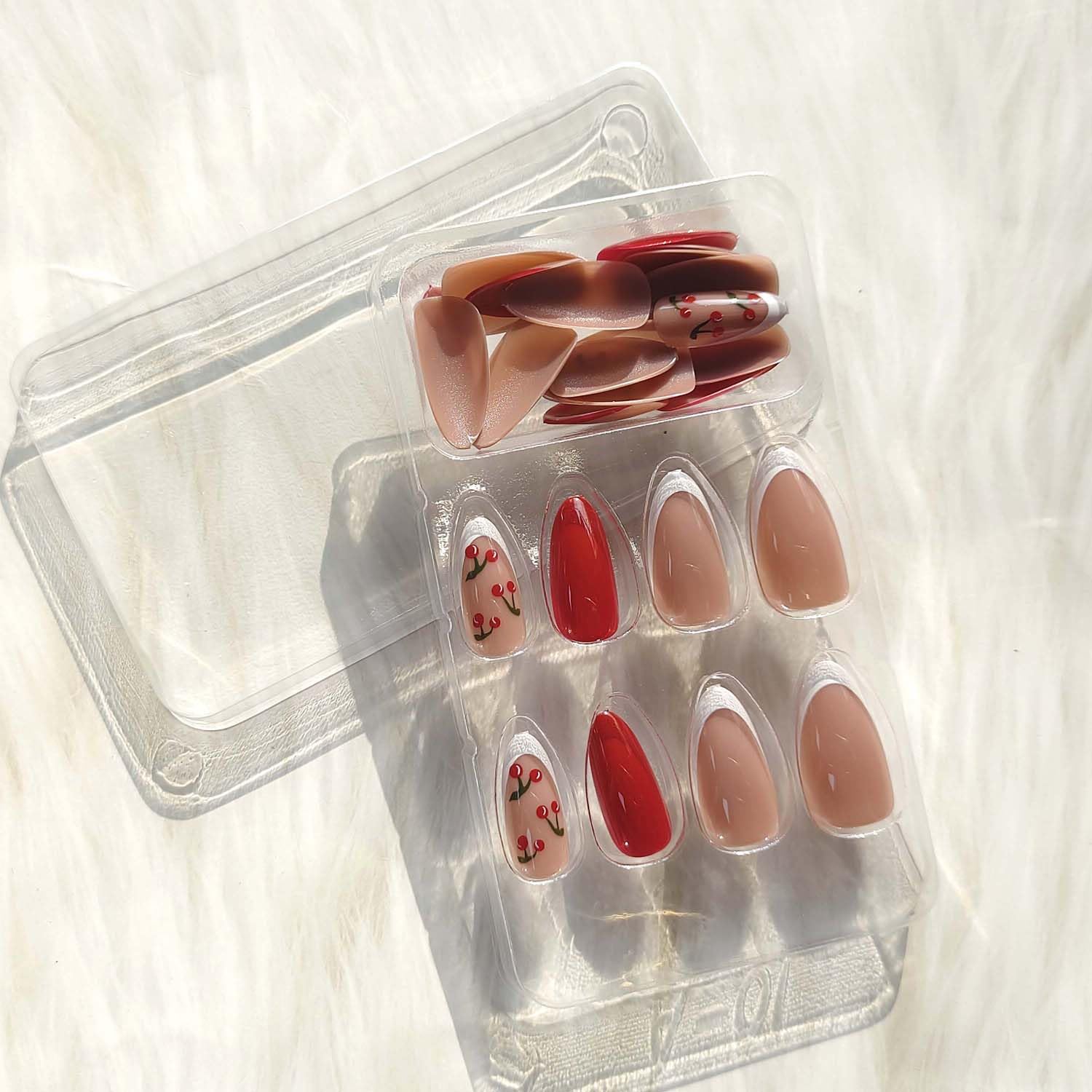 Medium Almond Glossy Pink Cherry French Tip Press On Nails Set - Image 5