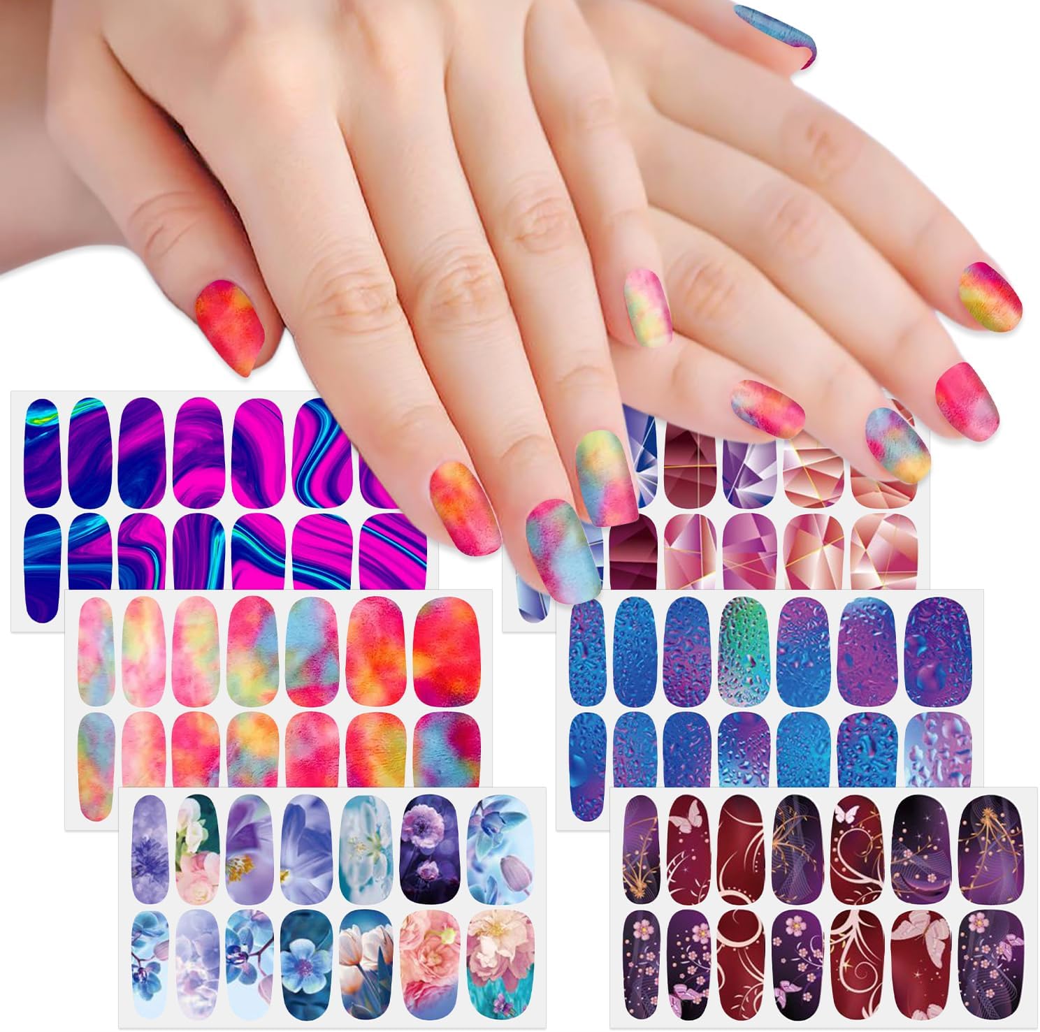 SILPECWEE 6 Sheets Starry Nail Polish Stickers Full Nail Wraps for Women Self Adhesive Nail Polish Strips Iridescent Nail Strips Stick on Fingernail Manicure Sticker with Nail File