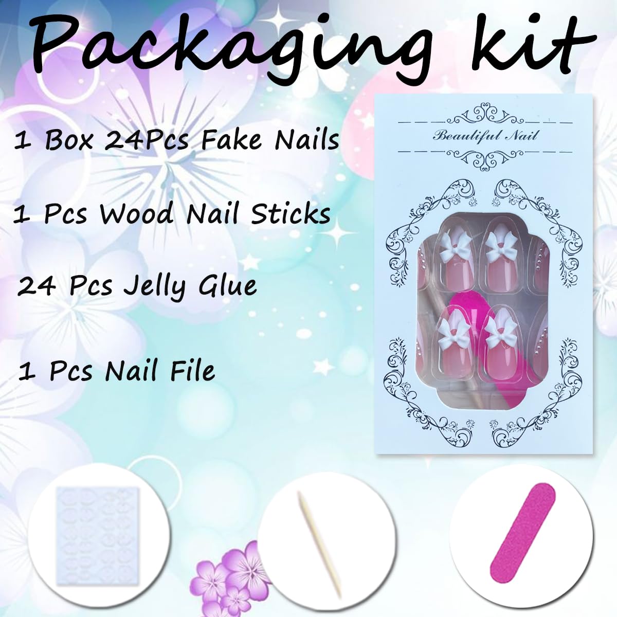 Medium Glossy Almond French Tip Pearl Bow Design Press on Nails 24 Count - Image 6