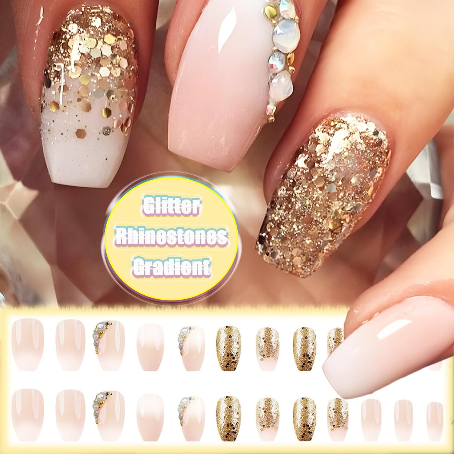 24Pcs Medium Coffin Press on Nails with Rhinestones and Gold Glitter Design for Women - Image 5