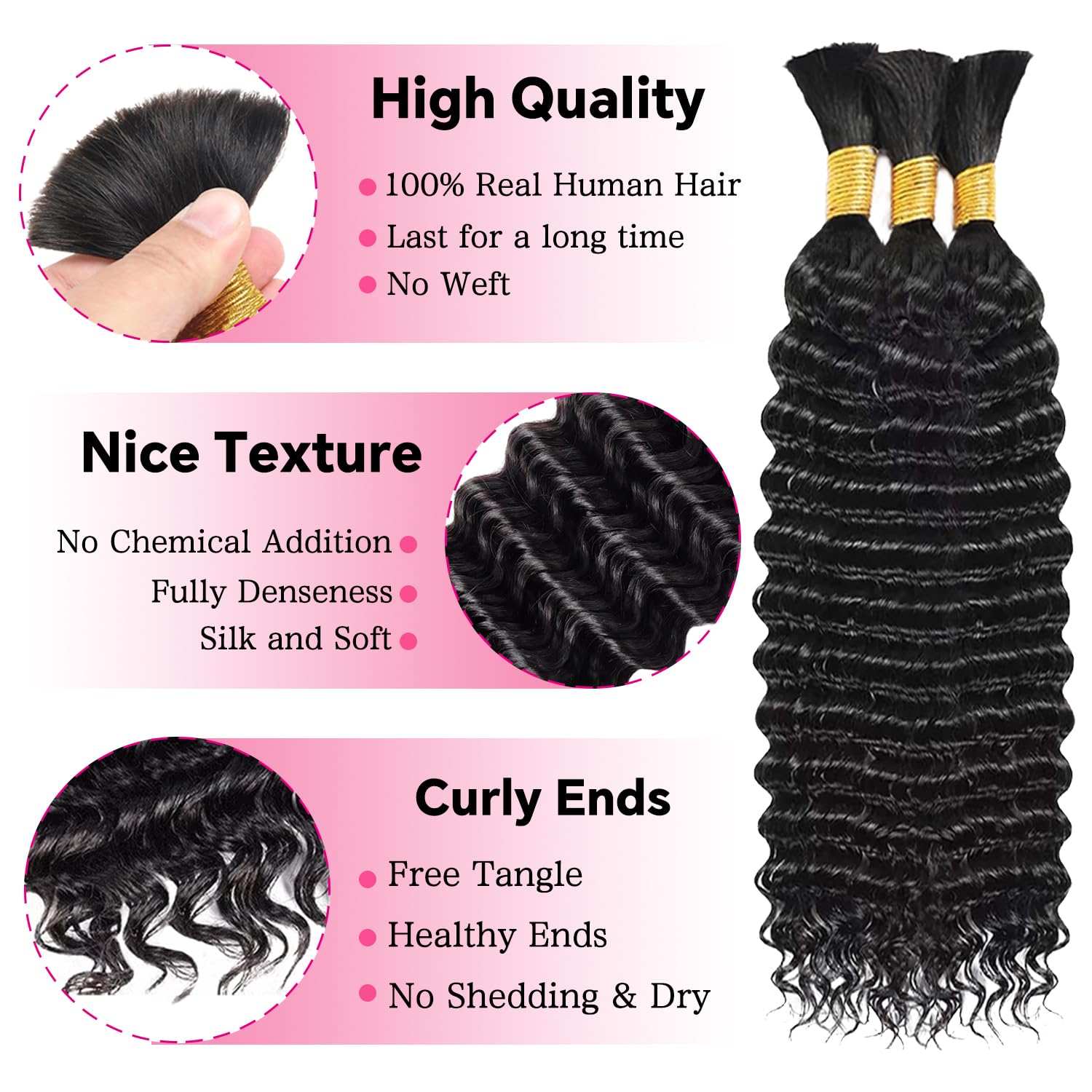 22 Inch Deep Wave Bulk Human Braiding Hair 3 Bundles 110g Natural Color - Image 2