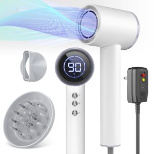 Hair Dryer With Diffuser, 110000RPM High-Speed Professional for Fast Dry, Ionic With Magnetic Nozzle & LED Display, Portable for Salon Home Travel - Pearl White