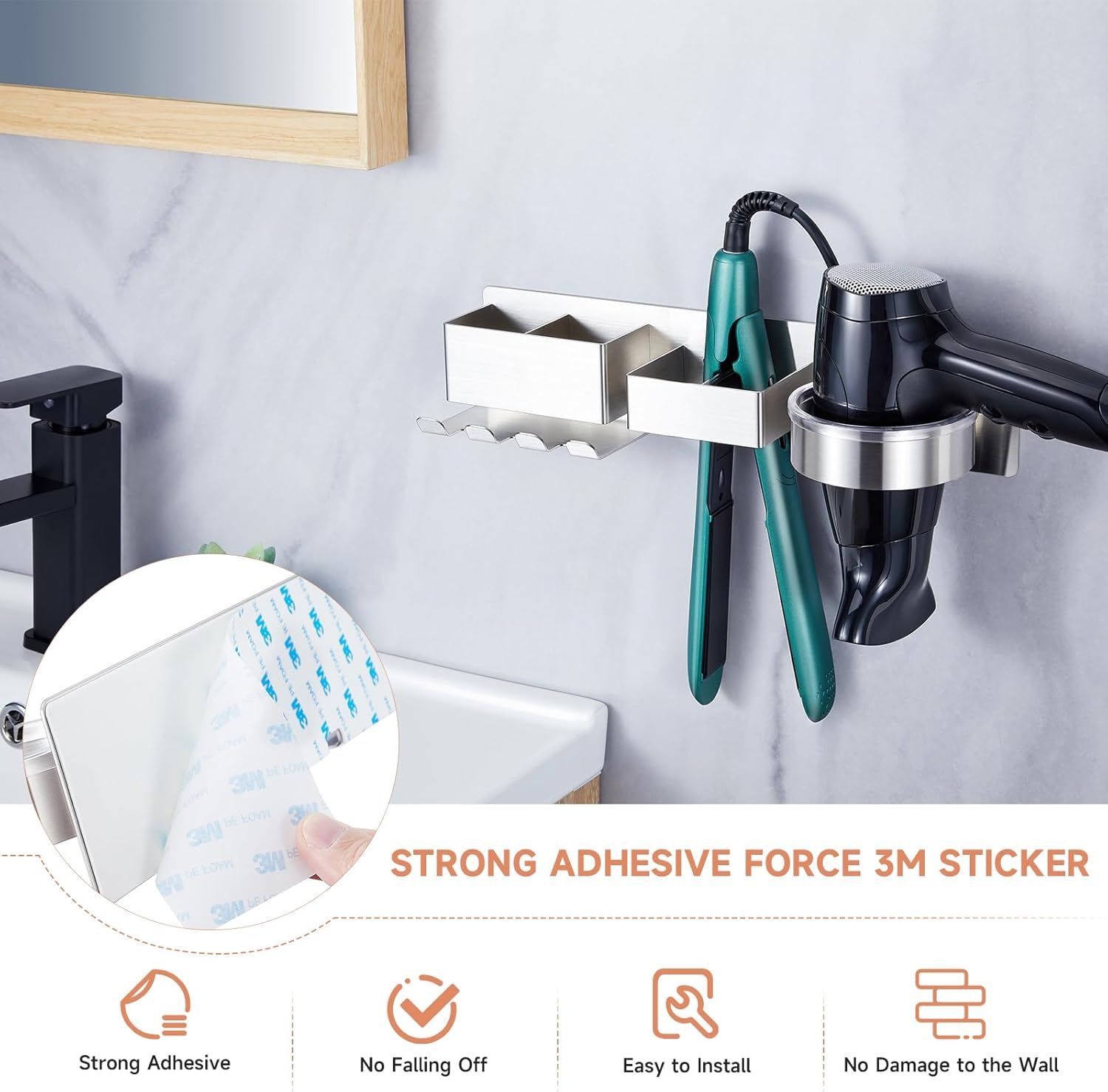Stainless Steel Wall Mount Hair Tool Organizer for Dryer, Curling Iron, Straightener, Black - Image 6
