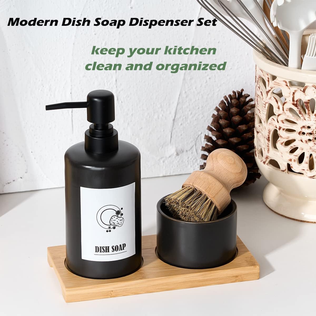 Black Kitchen Soap Dispenser Set with Rubber Wood Brush, Bamboo Tray - 13.5oz - Image 2