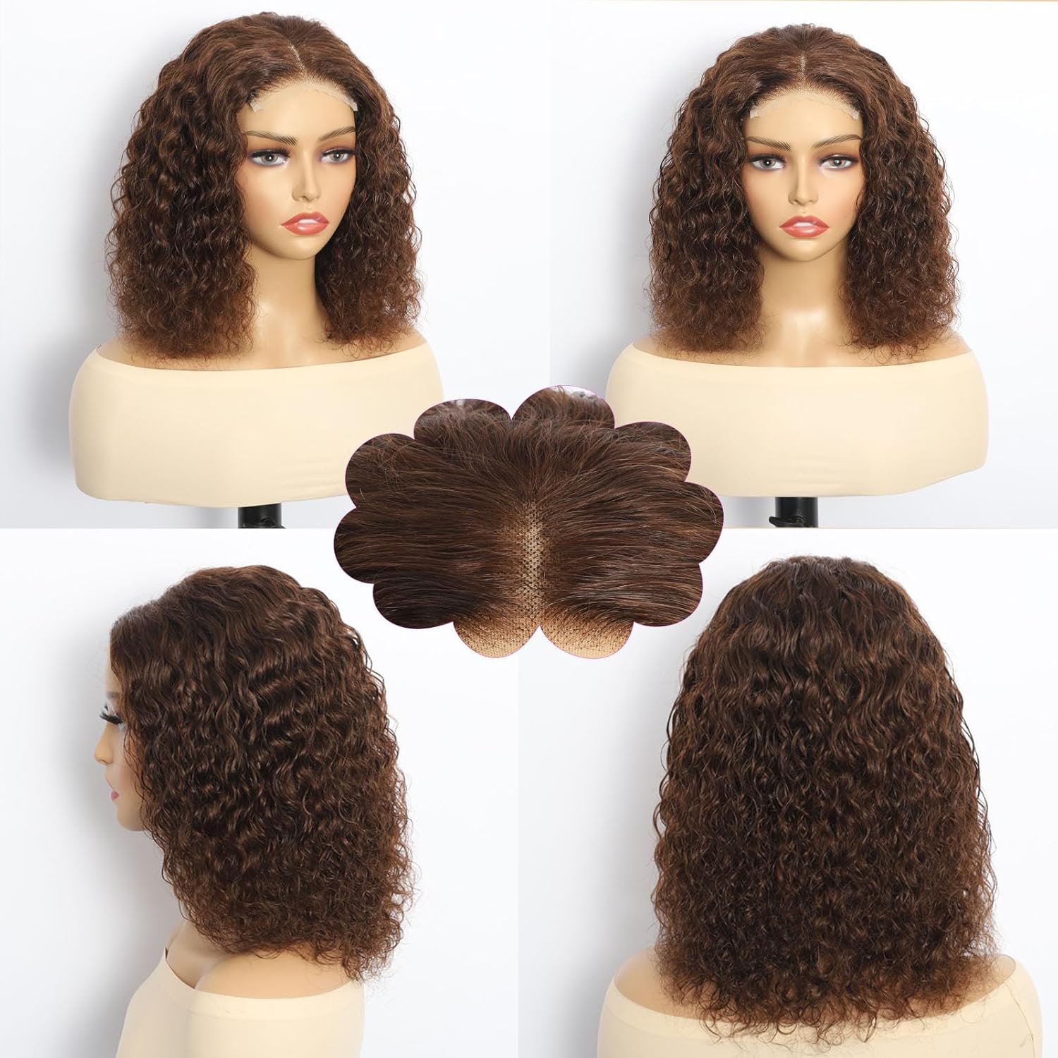 14 Inch Water Wave Chocolate Brown Curly #4 Human Hair Glueless Lace Front Bob Wig - Image 8