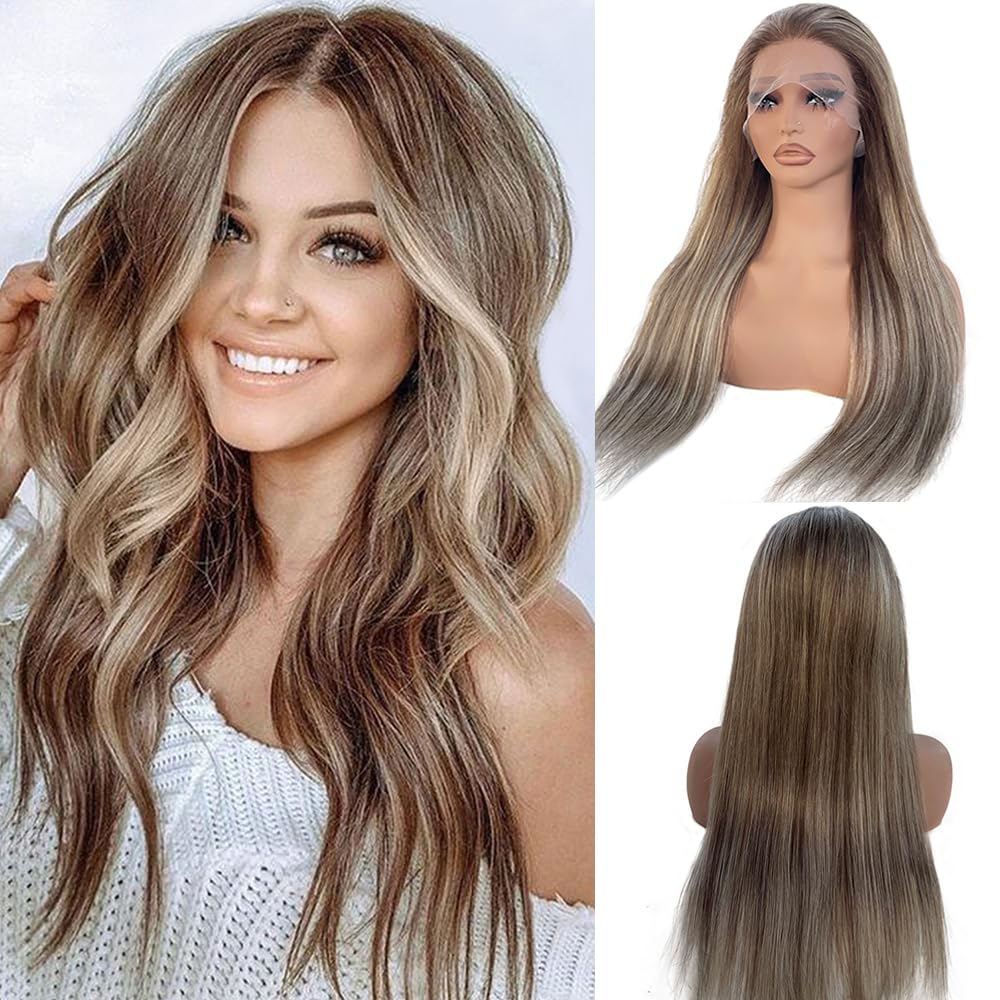 Smartinnov Ash Blonde Human Hair Wigs Balayage Glueless 13x4 Lace Front Wigs 24Inch #6T6P18 Ash Brown Highlight Honey Blonde Pre Plucked Ombre Wig with Light Brown Roots Balayage Hair 150% Density